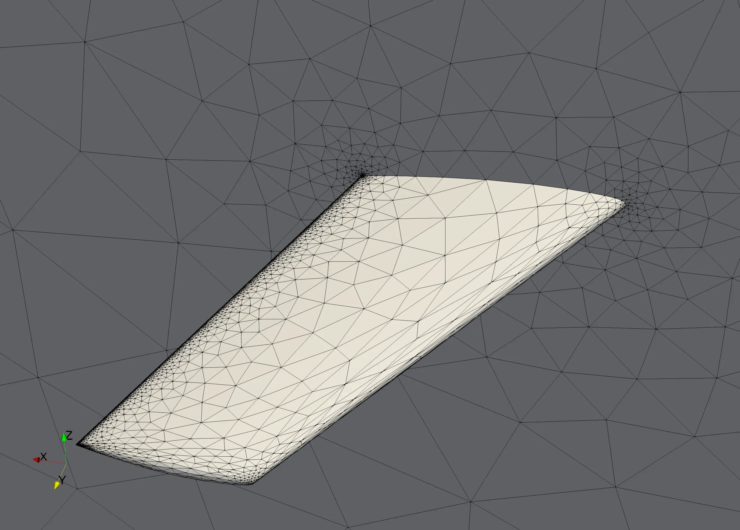 Onera M6 wing. Initial mesh adapted on the geometric features of the wing. (8k vertices)