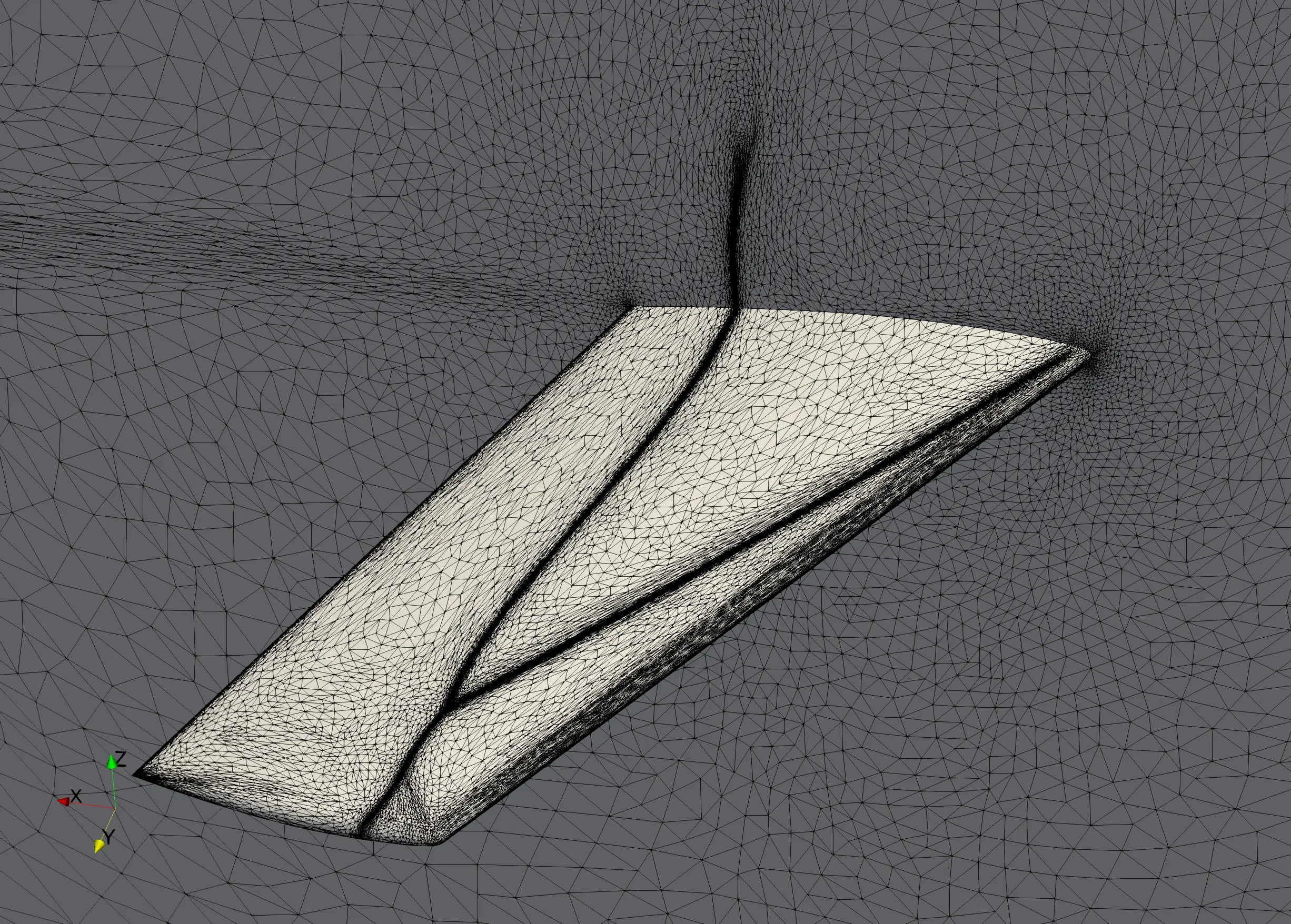 Onera M6 wing. Adapted based on the featrures of the inviscid flow using CDT3D (580k vertices)