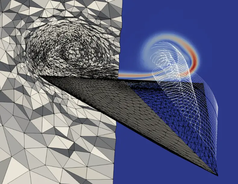 Laminar flow over a delta wing. Solution is visualized reflected along the symmetry plane.